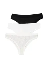 Pack de tres bombachas tipo bikini en colores negro, blanco y gris melange, confeccionadas en algodón con cintura elástica.