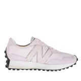 Championes New Balance modelo 327 color rosa pastel con logo "N" en plateado y suela de goma negra con diseño texturizado.