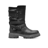 Bota negra de caña media con hebilla y cierre lateral.