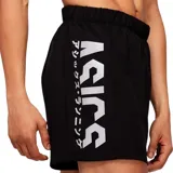 Short deportivo Asics negro con logo de la marca en blanco y estampado de sílabas japonesas en el lateral.