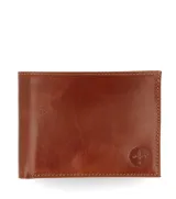 Billetera de cuero color marrón chocolate con costuras al tono y logo grabado en la esquina inferior derecha.