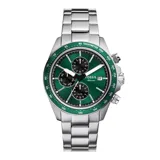 Reloj Fossil de la línea Autocross con caja de 42 mm, esfera verde con acabado sunray y pulsera de acero inoxidable plateado. Cuenta con mecanismo multifunción que indica hora, fecha y día, y bisel con escala de taquímetro.