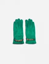 Guantes largos color verde esmeralda de poliéster con tacto de gamuza. Presentan una tira de cuero sintético con una cadena dorada decorativa en la muñeca.