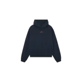 Hoodie oversize de color azul marino, con capucha, bolsillo frontal tipo canguro y pequeño estampado gráfico de la marca en el pecho.