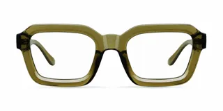 Lentes blueblocker con armazón cuadrado de material bio-based en color verde oliva traslúcido. Cuentan con protección contra luz azul y filtros UV400.