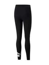 Calza deportiva Puma Ess Logo Leggings de color negro, con tiro alto y el logo de la marca estampado en blanco en la pantorrilla.