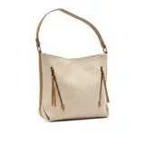 Cartera tipo hobo de cuero sintético color negro, con asa única para llevar al hombro y dos bolsillos frontales con cierre vertical.