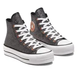 Championes Converse de caña alta con plataforma, color negro con glitter plateado y detalles en color cobre.