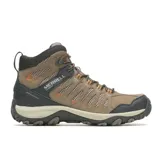 Bota de trekking Merrell modelo Crosslander 3 Mid WP, color marrón con detalles en negro y naranja. Confeccionada con membrana impermeable, malla transpirable y puntera protectora. Cuenta con suela de goma adherente y sistema de amortiguación Air Cushion en el talón.