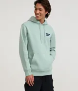 Hoodie de felpa color verde menta, con capucha ajustable mediante cordón, bolsillo tipo canguro y estampa con texto azul en el pecho.