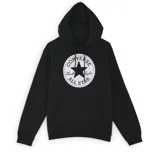 Canguro negro con capucha y bolsillo tipo canguro. Estampado frontal con el logo clásico de Converse Chuck Taylor All Star en blanco y negro.