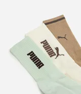 Kit de tres pares de medias de caña alta Puma en tonos verde menta, beige y marrón, confeccionadas en algodón con detalles de logo y lettering en contraste.