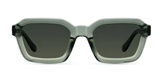 Lentes de sol cuadrados con armazón gris y lentes verdes polarizadas.