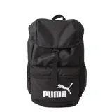Mochila Puma Phase Hooded color negro, con cierre de solapa superior y hebilla ajustable. Presenta logo de la marca estampado en blanco en la parte inferior, bolsillos laterales de malla y compartimento frontal con cierre.