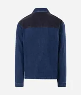 Campera de jean con cierre frontal, cuello camisero y mangas largas. Presenta un diseño de dos tonos con un panel superior en denim oscuro y el resto de la prenda en denim azul medio, con bolsillos laterales y costuras pespunteadas.