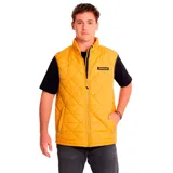 Chaleco acolchado color mostaza con cierre frontal, bolsillos laterales y logo de Caterpillar en el pecho.