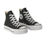Zapatillas Converse Chuck Taylor All Star de caña alta, color negro, con plataforma blanca y cordones blancos.