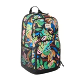 Mochila Rip Curl con capacidad de 33 litros, confeccionada en poliéster reciclado con estampado tropical multicolor. Cuenta con compartimento para laptop, bolsillo frontal con forro polar, panel trasero de malla transpirable y bolsillos laterales de red.