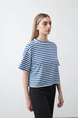 Remera de manga corta con rayas horizontales azules y blancas, cuello redondo a la base y silueta relajada.