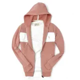 Campera con capucha color salmón y blanco, con cierre frontal y bolsillos tipo canguro.