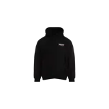 Hoodie Balenciaga de corte medio, color negro, con capucha y bolsillo canguro delantero. Presenta un pequeño estampado con el logo de la marca y líneas onduladas en el pecho.