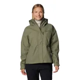 Campera impermeable Columbia modelo Hikebound II, color verde oliva. Cuenta con capucha ajustable, cierre frontal con solapa, bolsillos laterales y un bolsillo en el pecho con cierre impermeable. Diseño técnico transpirable con costuras selladas.