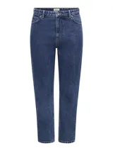 Jean de tiro alto color azul medio, corte mom fit, con cierre, bolsillos funcionales y presillas para cinturón.