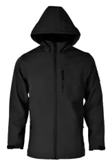 Campera negra de neopreno con capucha desmontable, cierre frontal y bolsillos laterales con cierre.