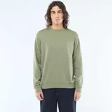 Buzo ligero de cuello redondo color verde militar, de manga larga con puños y dobladillo en rib elástico.