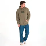 Canguro color verde oliva con capucha ajustable y bolsillo tipo canguro. Logo de Caterpillar estampado en el pecho.