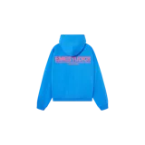Hoodie azul con capucha y estampado en la espalda en color rojo con texto de la marca, de corte oversize.