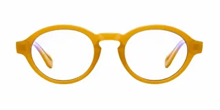 Lentes con montura redonda de color ámbar, diseño retro y filtro para luz azul.