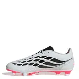 Championes de fútbol Adidas modelo Predator Club Fg/Mg, color blanco con diseño en fucsia y negro, cordones blancos y suela con tapones para césped firme y multisuperficie.