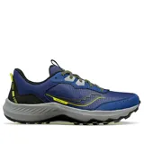 Championes de trail Saucony Aura TR, color azul con detalles en negro y amarillo.