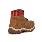 Botas acordonadas color marrón claro con interior de tela escocesa roja y azul.