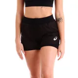 Short deportivo Asics modelo 2in1 color negro, con calza interna ajustada y cintura elástica con cordón ajustable. Cuenta con el logo de la marca estampado en blanco en el lateral.