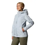 Campera impermeable Columbia modelo Arcadia II, color gris claro, con capucha ajustable, cierre frontal con solapa, bolsillos laterales con cremallera y tecnología Omni-Tech transpirable.