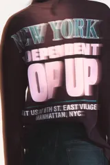 Camiseta de manga larga color marrón oscuro con efecto lavado. Presenta un cuello redondo y un estampado en el pecho con el texto "NEW YORK" en verde y "POP UP" en rosado.