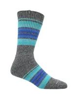 Medias de tejido grueso con diseño de rayas horizontales en tonos azul, turquesa y gris melange. Presentan un largo medio y una etiqueta pequeña con el logo en la parte superior.
