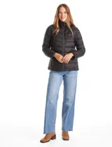 Campera puffer de plumas Michael Kors, color negro, con cierre frontal metálico, bolsillos laterales y cuello alto con capucha oculta.