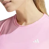 Camiseta de running Adidas Own The Run color rosa con tres tiras blancas en las mangas y logo reflectivo en el pecho. Confeccionada con tecnología Aeroready y materiales reciclados.