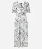 Vestido midi de viscosa y lino con estampado de hojas, escote corazón, mangas cortas abullonadas y recortes cut-out.