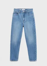 Jeans de tiro alto con corte mom-fit, diseño crop y cinco bolsillos. Presenta cierre frontal con cremallera y botón, y trabillas para cinturón.