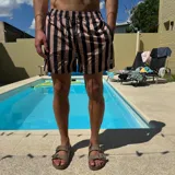 Short de baño con diseño de rayas verticales en color verde menta y negro. Cuenta con cintura elástica con cordón ajustable y un parche circular con logo en la parte inferior.