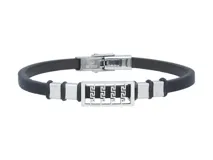 Pulsera de cuerina negra con apliques de acero plateado con diseño geométrico.