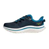 Championes de running Hoka modelo Kawana 2, color azul marino con detalles en azul claro y amarillo neón. Presentan una suela de amortiguación gruesa con efecto moteado y diseño ergonómico para mayor estabilidad.