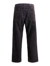 Jean baggy de tiro alto con corte holgado y diseño clásico de cinco bolsillos. Presenta un lavado oscuro tipo rinse, confeccionado en denim de algodón resistente.