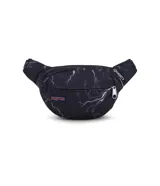 Riñonera negra de la marca JanSport, modelo Fifth Avenue, con parche frontal de la marca y cierres metálicos.