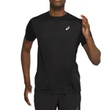 Remera deportiva Asics negra de manga corta, con logo blanco en el pecho y estampado con la leyenda "Asics Running" en caracteres japoneses Katakana.