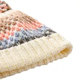 Gorro de lana tejido a rayas horizontales en tonos beige, marrón, celeste y rosa, con pompón multicolor en la parte superior.